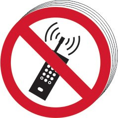 No Mobile Phones Symbol Safety Sign, Pack of 10, Self-Adhesive Vinyl, 100mm dia.