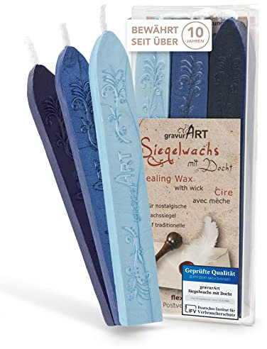 gravurART Siegelwachs - Save the Date und Einladungen versiegeln mit Stempelwachs für Siegelstempel - 3 Stangen Mix Hellblau - Saphir - Dunkelblau