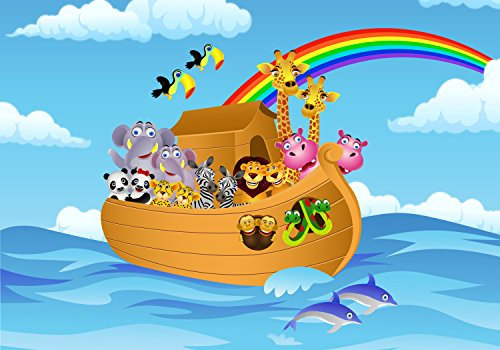 wandmotiv24 Fototapete Regenbogen, Arche, Cartoon, M 250 x 175 cm - 5 Teile, Wanddeko, Wandbild, Wandtapete, Noah, Tiere, Meer M0261