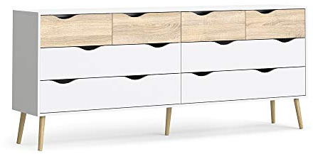 Doppelkommode mit 8 Schubladen, Farbe Weiß und Eiche, 195 x 81 x 39 cm