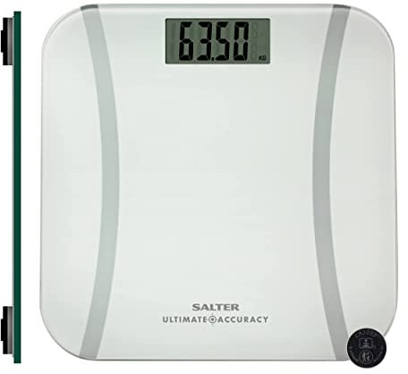 Salter 9073 WH3R digitale Personenwaage - mit Fettanalyse, LCD Display, elektronische Glaswaage mit hoher Genauigkeit, 50-g-Inkremente, Step-on, Teppichfüße im Lieferumfang enthalten, 180kg, weiß