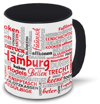 Hamburg-Tasse Tagcloud - weiß/schwarz - Tasse mit typischen Wörtern im Hamburger Dialekt | Keramik-Tasse mit 330 ml Inhalt