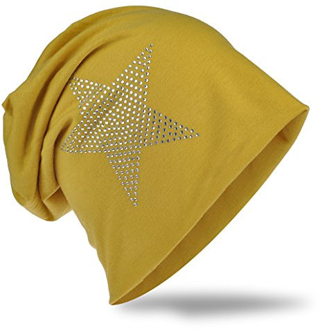 Miobo Jersey Slouch Beanie Long Mütze Stern mit Strass Stern Applikation,Senfgelb