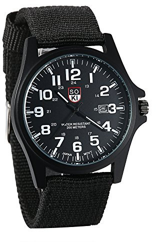 JewelryWe Herrenuhr Nylon Militär Uhr: 12/24H Analog Quarz Armbanduhr Herren Schwarz Canvas Stoff Textil Armband Taktische Outdoor Uhr Felduhr mit großen Zahlen