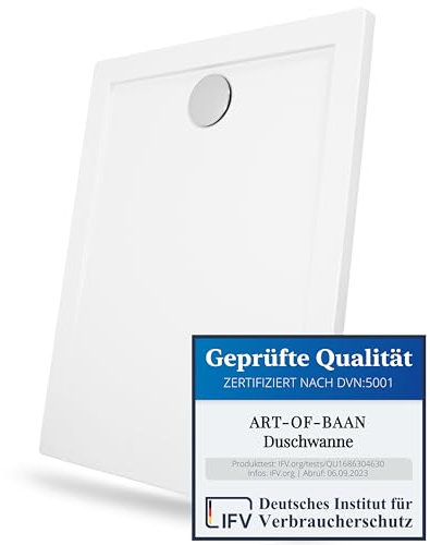 Art-of-Baan® Duschwanne 120x80 cm I Duschwanne aus Sanitär-Acryl I sehr flache Duschwanne I Duschtasse in Weiß I DIN Anschluss I kratz- & rutschfest I Duschwanne flach inkl. Ablaufgarnitur