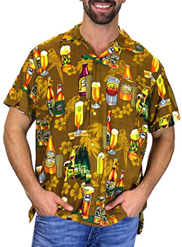 V.H.O. Men's Beerbottle-Shirt Short-Sleeve Casual-Button-Down Hawaii-Vacation, Beerbottle, Brown, L