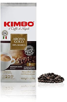 Kimbo Gold 100% Arabica ganze Kaffeebohnen, dunkle Röstung, ausgezeichnet für Lattes oder Cappuccinos, 1kg Beutel