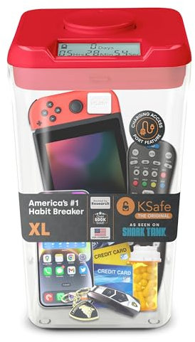 Kitchen Safe mit Zeitschloss-Container (XL), Zeitschloss-Box für Handys, Snacks und andere unerwünschte Versuchungen (roter Deckel + 26.4cm klarer Behälter mit Zugangsöffnung)