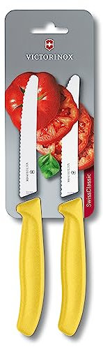 Victorinox Swiss Classic, Frühstücksmesser, Brötchenmesser Set 2teilig, Scharfe Klinge, Wellenschliff, 11 cm, Kunststoffgriff, Rostfreier Stahl, Gelb