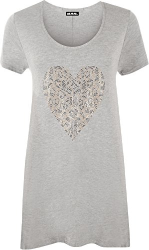 Womens Plus Size Gold Animal Heart Hanky Hem Ladies Short Sleeve Long Top