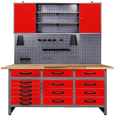 Ondis24 Werkstatteinrichtung 160cm, Werkstatt - Werkbank, Hängeschrank, Euro - Lochwand mit Haken (schwarz)