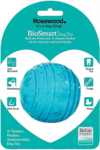 Rosewood BioSafe Ball Toy for Dogs and Puppies – Hygienic, Antimicrobial, Floatable Chew Toy, Mint Scented, Promotes Dental Health, Great for Fetch, Suitable for All Dog Breeds, Blue