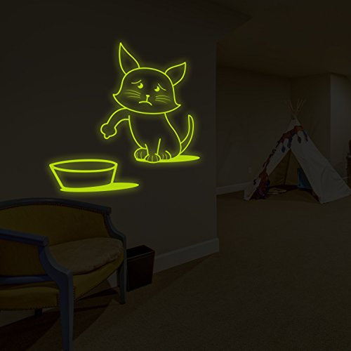 AnOL (140x140 cm) Glowing Vinyl Car Fuel Door Decal Cute Hungry Cat/Glow in Dark Gas tank Sticker/Wall Luminescent Funny Kitten Mural