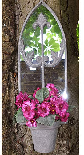 HENSITA Shabby Chic Style Wall Mounted Gothic Arch Garden Mirror with Pot Planter Washed Grey