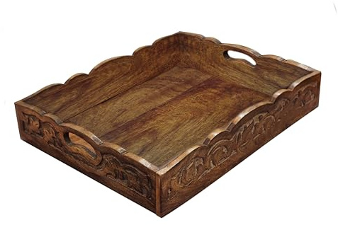 Hand Carved Wooden Serving Tray - Decorative Breakfast Tray with Handles - Rustic Wooden Food Tray with Intricate Detail - Unique Furnishing Accent - Natural Finish - 17 x 13 x 2.5 Inch - COTTON CRAFT