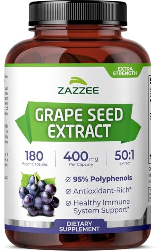 Zazzee High Strength Grape Seed 50:1 Extract, 180 Vegan Capsules, 95% Polyphenols, 400 mg per Capsule, 6 Month Supply, Antioxidant, Circulation & Blood Flow Support, Non-GMO, Made in the USA