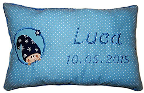 Momelie Blaues Schmusekissen * Kuschelkissen * Wichtel * mit Namen Bestickt * 25 x 40 cm * SK-bl_0059