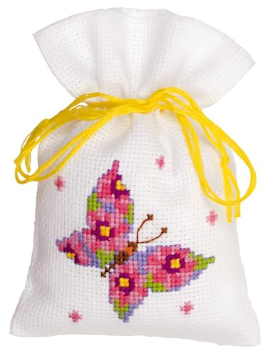 VERVACO Zählmusterpackung Stickset Säckchen Rosa Schmetterling DIY Gezählter Kreuzstich Stickpackungen Basteln Erwachsene Kreativ Set 8 x 12 cm Stickset für Anfänger Stoffbeutel zum Sticken