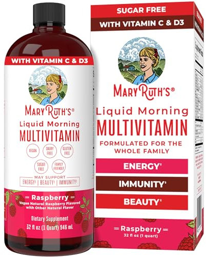 MaryRuth's, Liquid Morning Multivitamin Essentials+, 946ml, breites Spektrum an Vitaminen je Dosis, Himbeerengeschmack, Vegan, Glutenfrei, Sojafrei, GMO frei