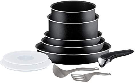 Tefal Ingenio Essential Batterie de cuisine 10 pièces, Poêles, Casseroles, Couvercles hermétiques, Spatule, Louche, 1 poignée, Tous feux sauf induction + four, Fabriqué en France L2009802, Noir