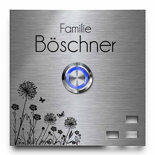 Klingelplatte Modell Böschner - mit personalisierter Gravur und großer Motivauswahl | Größe 9x9 cm mit verzierenden Ausschnitten und Dekorplatten - jetzt selbst gestalten
