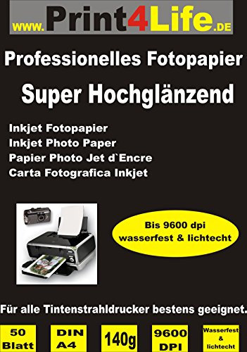Print4Life – 50 Blatt Fotopapier DIN A4, 140g/qm, high -glossy (hoch-glänzend) -sofort trocken -wasserfest-hochweiß-sehr hohe Farbbrillianz, für InkJet Drucker (Tintenstrahldrucker)