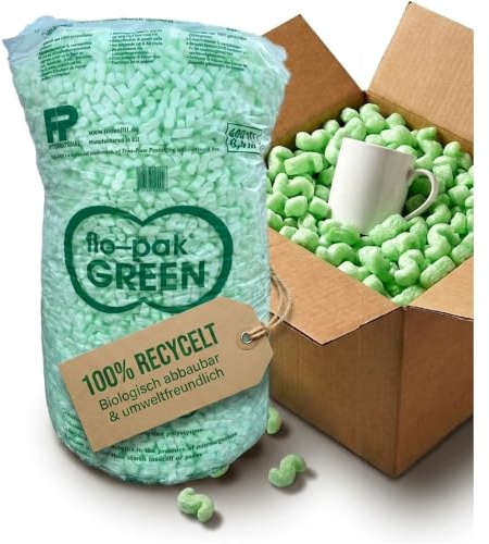 KK Verpackungen Verpackungschips Grün | 127 Liter Füllmaterial | Flo-Pak 8-Form Original, stoßdämpfend | Loosefill aus 100% recyceltem Polystyrol | Abbaubar, chlorfrei nach DIN 51400