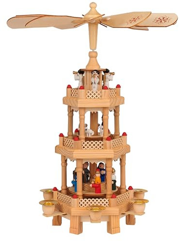 Spielwerk® German Christmas Pyramid Windmill Decoration | Candle Holder | Classic 3-Storey Rotating Design | Handcrafted Real Wood | Hand Painted Wooden Pieces | Elegant Brown Natural Finish