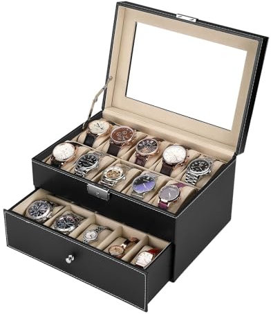 Flexzion Watch Box Organizer for Men and Women - 20 Slots Watch Storage Box with Top Glass Display & Removable Pillows in Each Slot - Premium Watch Cases for Men Made with PU Leather