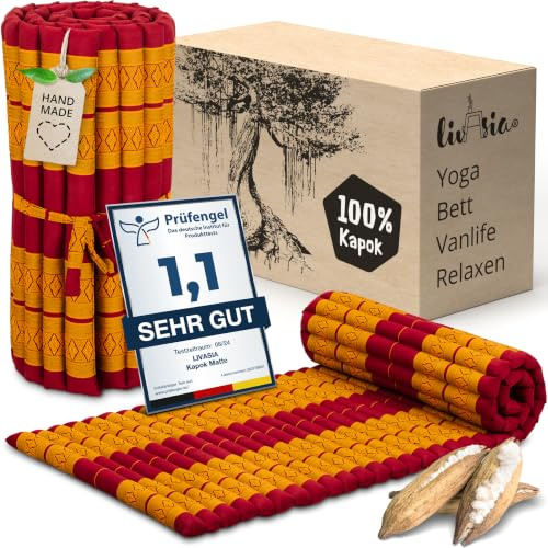 livasia Rollmatte Rollmatratze M schmal Einzelbett - 200x75x4,5cm - Gästebett Gästematratze 1 Person mit Muster, Reisebett Kofferraum outdoor, Thaimatte Kapok Garten handgefertigt (Rot/Gelb)