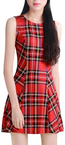 Allegra K Damen Party Kleid A-Linie Rundhals Kariert Ärmellos Elegant Minikleid Rot M