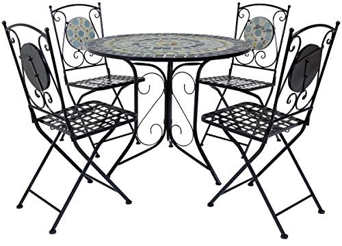 Charles Bentley Garden Blue Mosaic 5 Piece Dining Set, With Folding Chairs, Outdoor, Patio, Conservatory, Foldable Chairs, Antirust Finish, Interwoven Seat, 4 Person, Round Table, Robust (90x90x72cm)