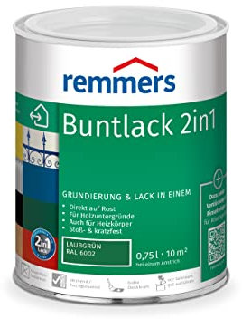 Remmers Buntlack 2in1 laubgrün (RAL 6002), 0,75 Liter, Buntlack für Holz, Eisen, Stahl, inkl. Grundierung und Rostschutz, innen und außen