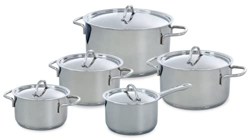 BK Profiline Edelstahl 5-Teiliges Kochgeschirr Set mit Deckeln, Induktionsgeeignet, Backofen- und Broiler sicher bis 230˚C, Langlebig & Stapelbar, Spülmaschinenfest, PFAS frei, Silber