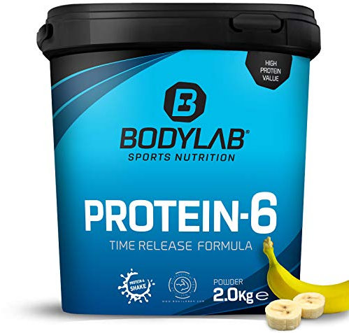 Bodylab24 Protein-6 Banane 2kg, Mehrkomponenten Protein-Pulver, Eiweißpulver aus 6 hochwertigen Eiweiß-Quellen, Protein-Shake für Muskelaufbau