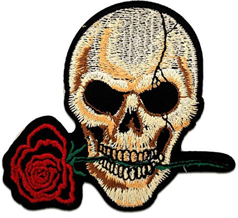 Catch the Patch Totenkopf mit Rose - (Größe: 8,4 x 7,5 cm) – Stickpatch – Ideal für Kutte, Rockerjacke, Jeansweste, Kleidung & Accessoires – Robuster Patch für Erwachsene