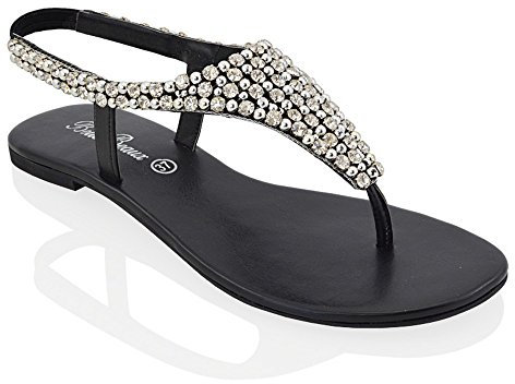 ESSEX GLAM LADIES FLAT DIAMANTE TOE POST WOMENS PEARL HOLIDAY DRESSY PARTY SANDALS SIZE 3-8 (UK 8 / EU 41, BLACK)