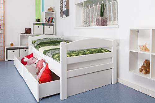 Steiner Shopping GmbH Einzelbett/Funktionsbett Easy Premium Line K1/n/s inkl 2 Schubladen und 2 Abdeckblenden, 90 x 200 cm Buche Vollholz massiv weiß lackiert