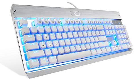 EagleTec Gaming Keyboard Mechanical Illuminated Keyboard LED Backlit for PC Gamer 104 keys Industrial Sliver Aluminium Backlighted Keyboard with Blue Switch White Key Cap KG011 (QWERTY Layout)