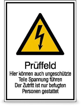 Betriebsausstattung24 Warn-Kombischild „Prüffeld - hier können auch ungeschützte Teile ...“ - Aluminium, 21,0 x 29,7 cm - Sicherheitsschild/Warnschild