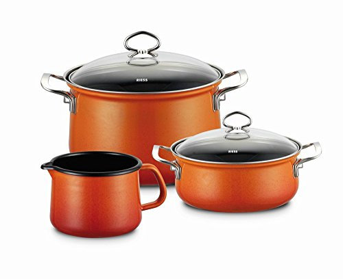 Riess, 0520-034, Starter-Set 3-teilig, NOUVELLE, CORALL, bestehend aus: Fleischtopf mit Glasdeckel 20 cm, Kasserolle mit Glasdeckel 16 cm, Schnabeltopf 12 cm, Emaille