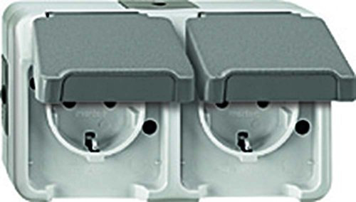 Merten, Doppia presa elettrica Schuko, montaggio orizzontale, con protezione anti-contatto, Aquastar, Grigio, MEG2320-8029