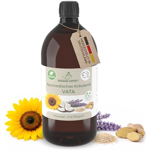 MASSAGE-EXPERT Ayurveda Kräuteröl VATA – Natürliche Ölmischung mit Kräuterextrakten für Massage & Pflege (1 Liter rePET-Flasche mit Spritzeinsatz)
