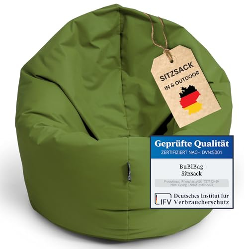BuBiBag 2in1 Sitzsack L - XXL mit Füllung für Kinder & Erwachsene, Gaming Beanbag & Bodenkissen für Indoor & Outdoor Sessel Pflegeleicht & Wasserabweisend L BIS 12 Jahre (Ø 110 cm Khaki)