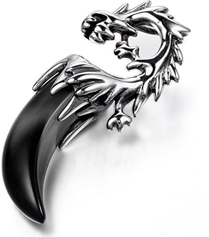 JewelryWe Schmuck Edelstahl Anhänger Halskette Harz Silber Schwarz Drachen Wolf Gebiss Zahn Tribal Stammes Herren,mit 54cm Kette