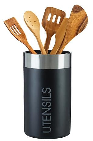Premier Housewares Black Utensil Holder & Organiser| Chrome Kitchen Utensil Holder | Sturdy Cutlery Holder | Cylindrical Cutlery Organiser, Storage Container, Spoon Holder