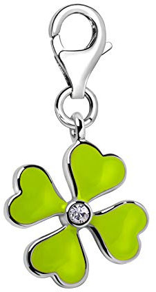 Quiges Charms Anhänger 3D Weißer Zirkonia und Grüner Emaille Lucky Kleeblatt Versilbert Damen Schmuck für Bettelarmband