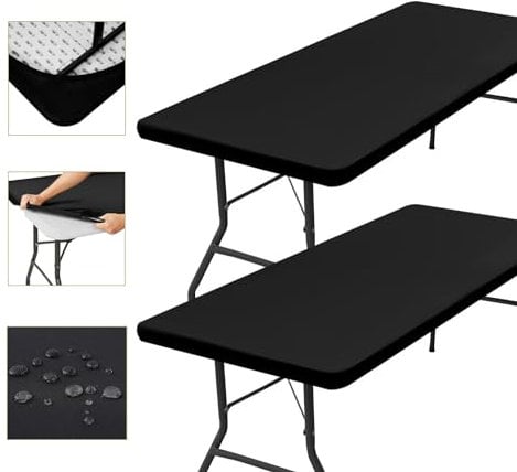 2 Tischdecken Abwaschbar 182x76, Schwarz, Rechteckig, Wasserabweisend und Elastisch, Tischdecke mit Gummizug, Outdoor-tischdecke, Camping und Esszimmer, Tischdecke Hochzeit und Terrasse