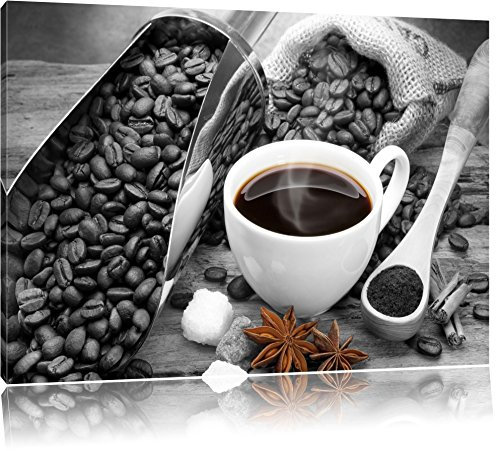 Pixxprint frischer Kaffe neben Kaffeebohnen B&W, Größe: 120x80cm, Leinwandbild, fertig gespannt, Wandbild, Dekoration, Kunstdruck, kein Poster