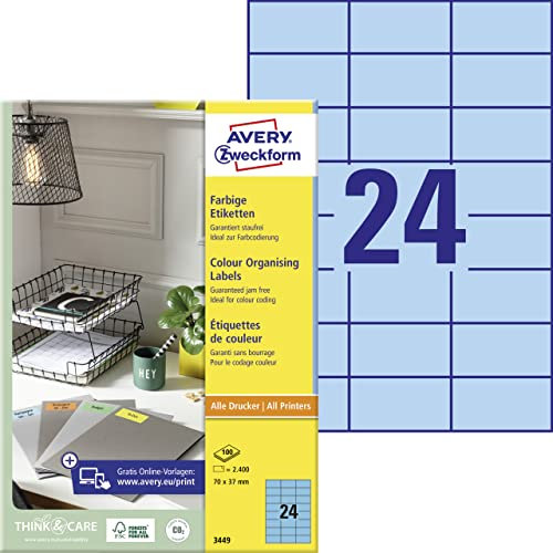 AVERY Zweckform 3449 Blaue Etiketten (2.400 Aufkleber, 70x37mm auf A4, permanent haftend, selbstklebende Farbetiketten, Papier matt, bedruckbare, farbige Klebeetiketten) 100 Blatt